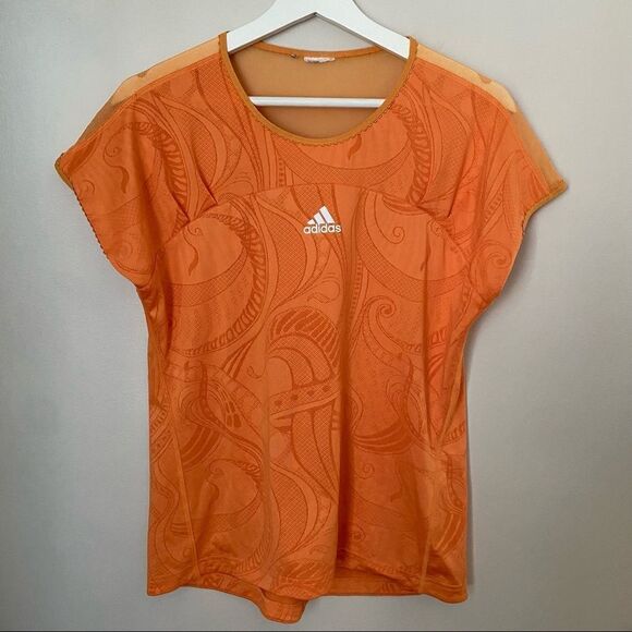 Adidas T-Shirt Top Orange Athletic Workout Athleisure Casual Sheer Climacool - Picture 12 of 12